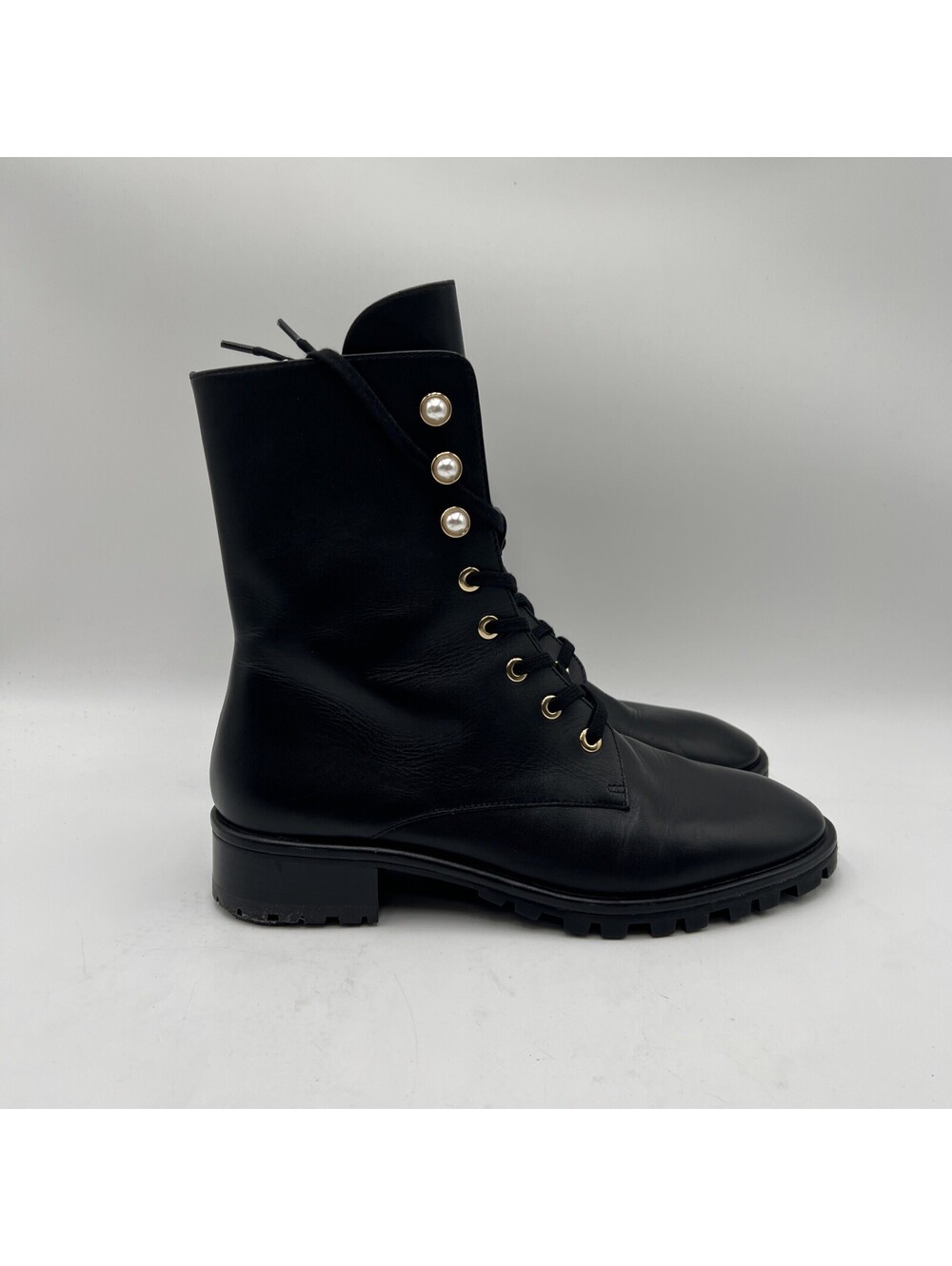 Women’s Stuart Weitzman Laine Pearl Black Leather Combat Boot Size 7B